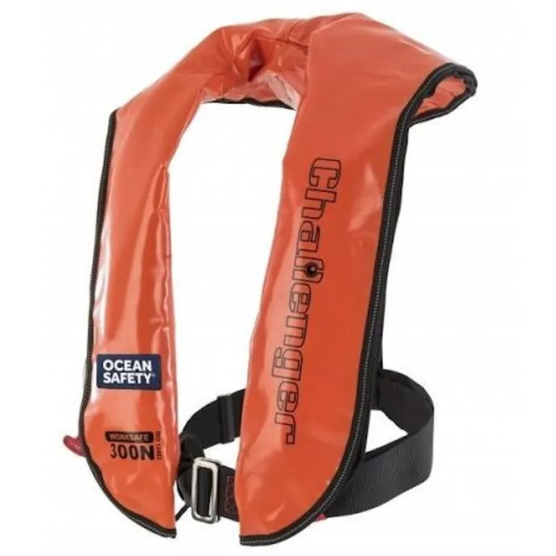 Gilet gonflable Ocean Safety Challenger Worksafe Pro 300N Automatique Orange PVC + Harnais Satisfait Ou Remboursé