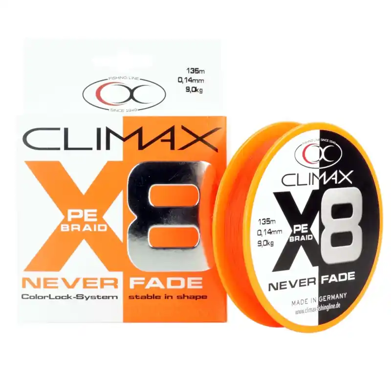 TRESSE 8 BRINS NEVERFADE BRAID ORANGE 0.14MM 135M CLIMAX Produit De Marque