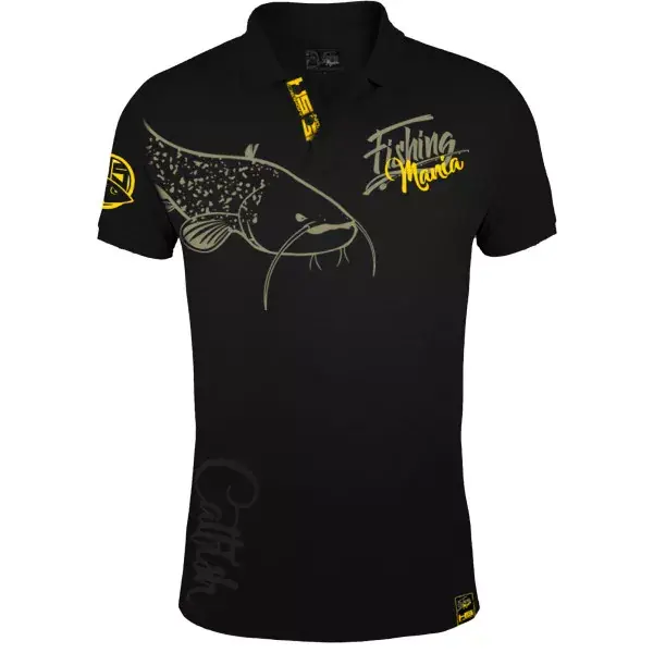 HOTSPOT DESIGN Polo Shirt Fishing Mania CatFish, noir-jaune, Poisson-chat pêcheur Polo Petit Prix