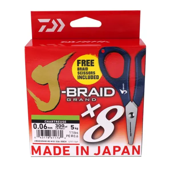 Vente Flash DAIWA J-Braid Grand X8, 270m, chartreuse, Ligne de Pêche Tressée, avec ciseaux gratuits