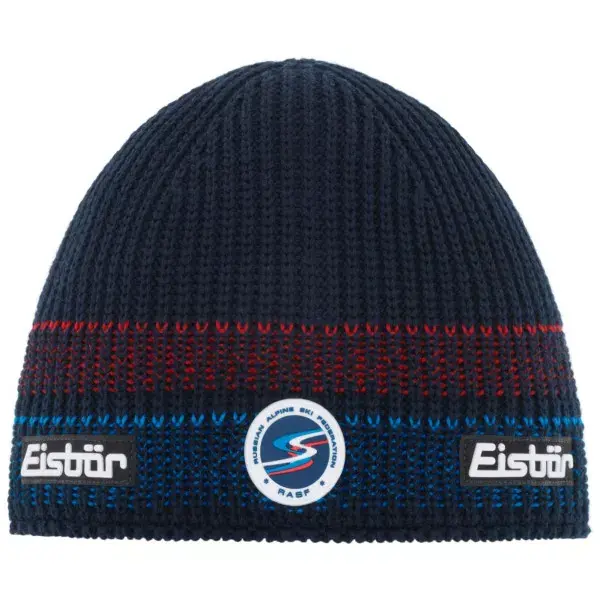 Authentique EISBÄR Arne RASF, Taille Unique, Bleu Nuit/Rayures Rouge-Bleu, Bonnet d’Hiver, Logo de l‘Association de Ski Russe, 39939