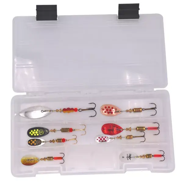 MEPPS ALL IN ONE SPINFISHING KIT 2, 8 pièces d‘indicateurs Mepps Aglia assortis avec boîte à appâts, 4 pièces de taille 2 et 4 pièces de taille 3, modèles différents, 23x12x3,5cm, KOEDBOX02 Seulement Aujourd'hui