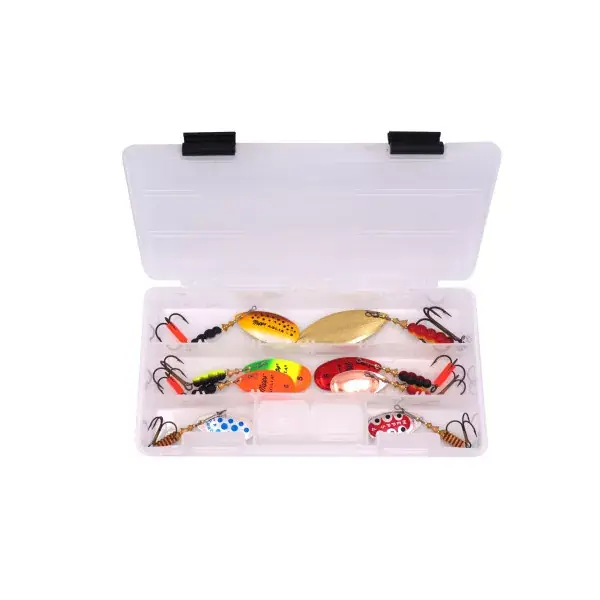 Commande En Gros MEPPS ALL IN ONE SPINFISHING KIT 3, 10 pièces d‘indicateurs Mepps Aglia assortis avec boîte à appâts, 4 pièces de taille 4 et 4 pièces de taille 5, modèles différents, 23x12x3,5cm, KOEDBOX03