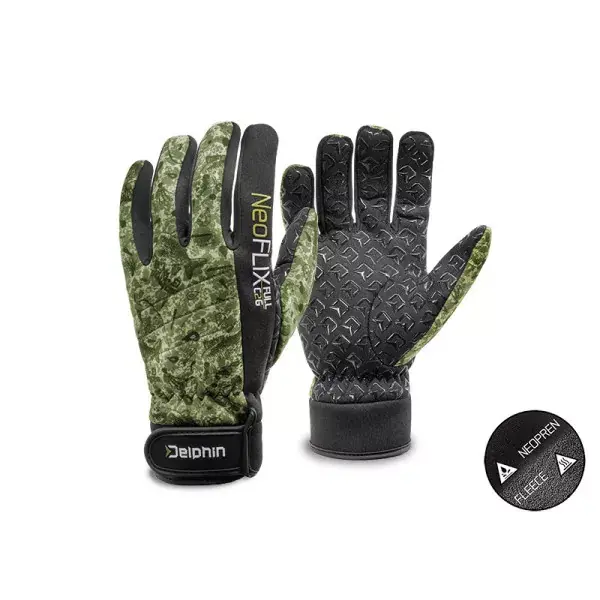 DELPHIN Gants en néoprène avec doublure NeoFLIX, vert-camouflage Livraison Express