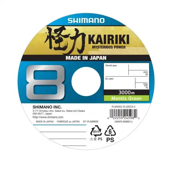 Remise SHIMANO Kairiki 8, 3000m, Mantis Vert, Lignes de pêche 8 fois tressées